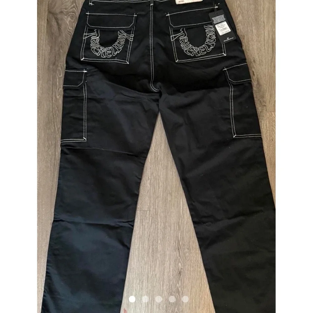 True Religion Cargo Pants Mens 36 Black NEW Baggy White Contrast Stitch 701060